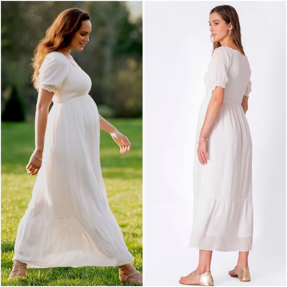 Seraphine Shirred Maternity Nursing Maxi Dress White Swiss Dot US 14 baby shower - Picture 2 of 12